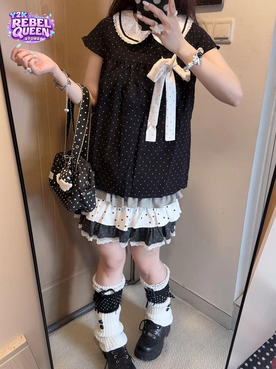 Y2K Kawaii Japanese Polka Dot  - Elastic Lace Trim 评论和价格
