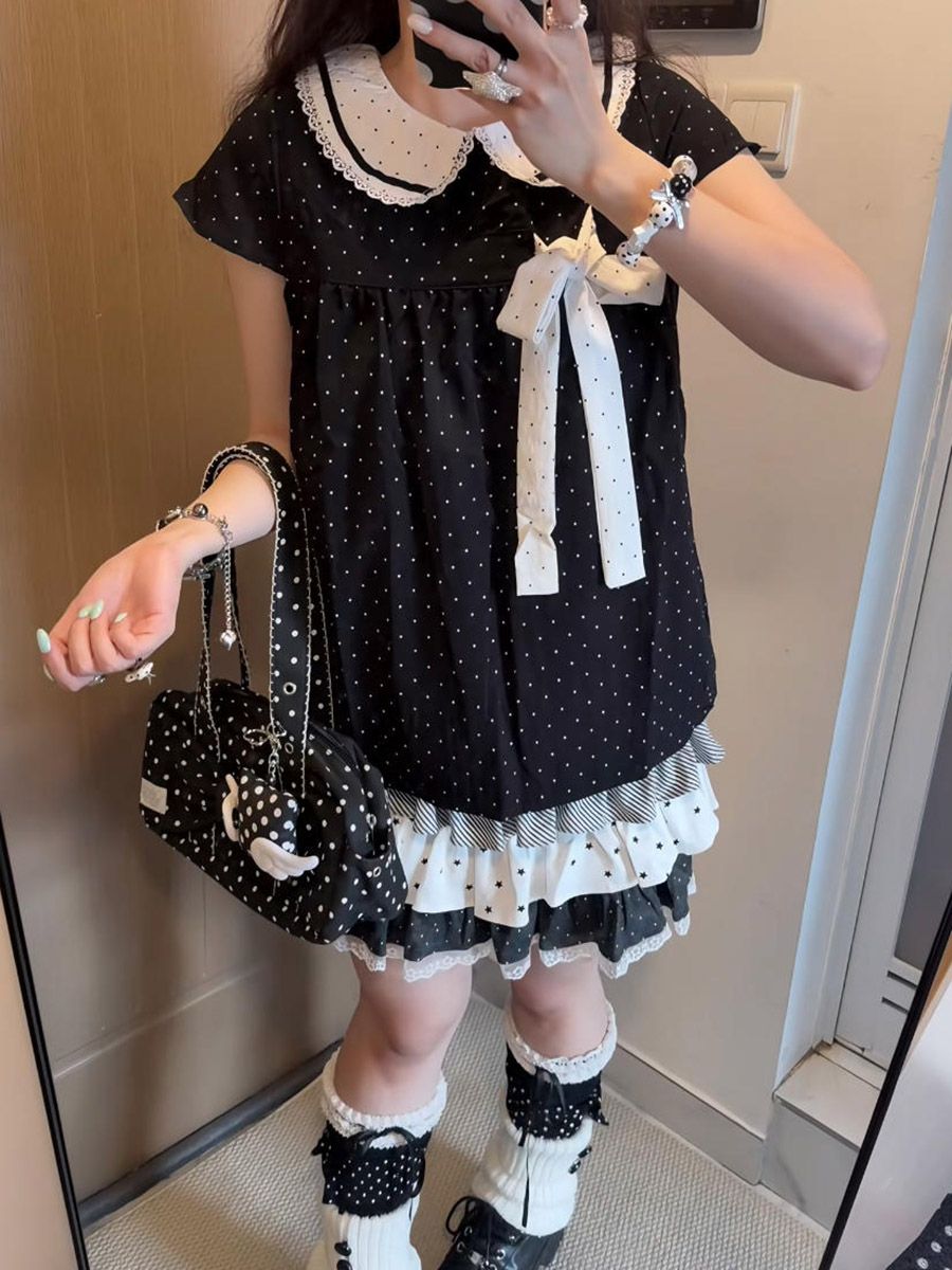 Y2K Kawaii Japanese Polka Dot  - Elastic Lace Trim 评论和价格