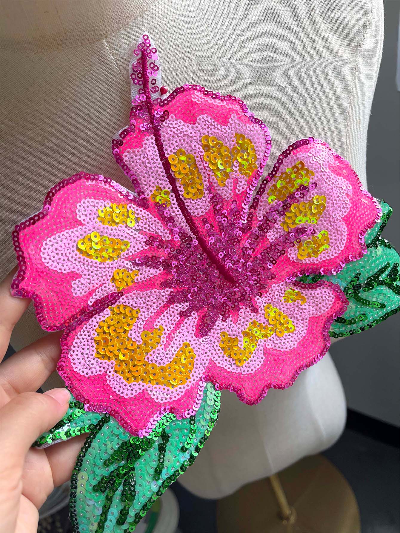 1 Piece 26CM Shining Pink Sequ - Applique Patch Flower 评论和价格
